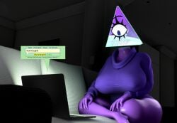 1_eye blender blender_(software) blush bottomless couch crossed_legs eyelashes female female_only floating_head half_naked half_nude half_nude_female huge_breasts iilluminaughtii inside laptop large_breasts nearlyepoint purple_skin raised_eyebrow reaction rule_34 shocked shocked_eyes solo sweater triangle_head youtube youtuber youtuber_girl