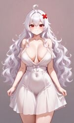 1girls ai_generated belly_button erispheria female female_focus hair_ornament long_hair red_eyes twitch twitter virtual_youtuber vtuber white_dress white_hair x_hair_ornament youtube youtube_hispanic