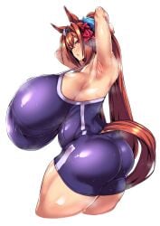 1girls armpits arms_up ass big_breasts breasts daiwa_scarlet_(umamusume) female female_only futomayu_udonko huge_breasts solo sweaty swimsuit umamusume