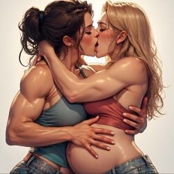 2girls ai_generated animated belly_rub blonde_hair blush brown_hair closed_eyes clothed female_only jeans kissing married_couple muscular_female ponytail pregnant sound tagme tank_top video wife_and_wife yuri