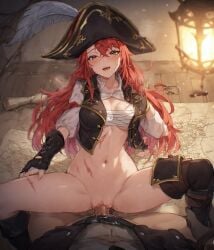 ai_generated covered_nipples cowgirl_position missionary_position oc oc_(captain_cynthia) pirate_hat red_hair scars sex_on_table sitting_on_table