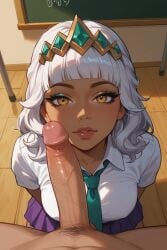 1boy 1boy1girl 1girls ai_generated blowjob classroom dark-skinned_female dark_skin female imminent_oral imminent_sex league_of_legends male on_knees pov qiyana_yunalai school schoolgirl shomiai tiara white_hair