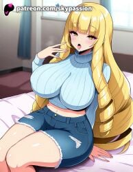 1girls 2025 ai_assisted ai_generated anime artist_name bangs bed bed_sheet blonde_hair blunt_bangs blush breast breasts bust chest clothed_female denim drill_hair eyebrows_visible_through_hair female female_focus female_only heart hi_res high_quality high_resolution highres kage_no_jitsuryokusha_ni_naritakute! long_hair looking_at_viewer midriff navel on_bed open_mouth patreon patreon_username pillow ribbed_sweater rose_oriana shorts sitting sitting_on_bed skypassion solo stable_diffusion sweater the_eminence_in_shadow tongue tongue_out turtleneck turtleneck_sweater very_long_hair watermark yellow_eyes