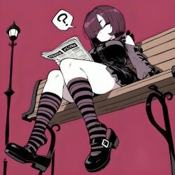 1girl ai_generated bangs bench big_breasts black_dress clothed dress female gaz_membrane invader_zim magenta_background mary_janes outdoors pale_skin pixai purple_hair reading reading_newspaper short_hair simple_background sitting solo street_lamp striped_thighhighs thick_thighs thighhighs