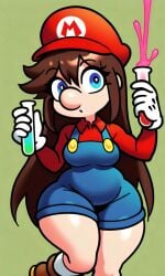 5_finger :o ai_generated big_ass big_nose blue_eyes blue_overalls brown_boots brown_hair chubby_female clothed eyelashes female genderswap_(mtf) gloves italian long_hair long_sleeves medium_breasts pixai potion potions red_hat red_shirt rule_63 simple_background solo thick_thighs vials white_gloves white_socks