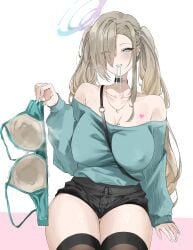 absurdres alternate_costume alternate_hairstyle asuna_(blue_archive) bare_shoulders black_choker black_shorts black_thighhighs blue_archive blue_eyes blue_halo blue_nails blue_sweater blush bra breasts brown_hair choker cleaning_&_clearing_(blue_archive) cleavage covered_erect_nipples eyes_visible_through_hair female hair_over_one_eye halo highres holding holding_bra holding_underwear holding_unworn_clothes huge_breasts long_hair looking_at_viewer millennium_science_school_student miz_blank mouth_hold no_bra off-shoulder_sweater off_shoulder parted_lips ribbon ribbon_in_mouth short_shorts shorts smile solo sweater thighhighs twintails underwear
