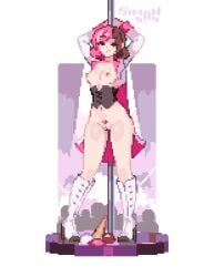 arms_behind_head arms_up artist_name black_corset boots bottomless breasts brown_eyes brown_hair cleft_of_venus coat commentary corset female female_pubic_hair full_body heart-shaped_pubic_hair heterochromia high_heel_boots high_heels ice_cream_cone knee_boots long_sleeves looking_at_viewer medium_breasts multicolored_hair navel neopolitan_(rwby) nipples open_clothes open_coat pink_eyes pink_hair pixel_art podium pole pole_dancing pubic_hair pussy rwby shaped_pubic_hair sim0n404 smile smirk solo split-color_hair standing stripper_pole two-tone_hair uncensored white_boots white_coat
