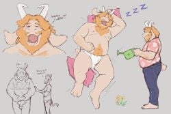 2boys absurdres animal_ears armpits asgore_dreemurr bara bare_pectorals beard belly biceps blonde_hair blue_pants chest_hair closed_eyes closed_mouth completely_nude deltarune english_commentary english_text facial_hair fat flaccid floppy_ears flower furrowed_brow furry furry_male goat_ears goat_horns hands_on_own_stomach highres holding holding_watering_can horns looking_at_another male_focus male_underwear multiple_boys multiple_views navel nipples nude open_mouth pants pectorals penis pink_shirt plump professor_fluff rudolph_holiday shirt sleeping smile stomach_hair testicles topless_male underwear watering_can white_flower white_male_underwear yellow_flower zzz