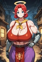 1girls adeptus_mechanicus_skull_logo ai_generated apron big_breasts blue_eyes breasts civitai cleavage female huge_breasts light-skinned_female light_skin mommy muscle pointy_ears red_eyes short_hair skirt solo sports_bra sportswear