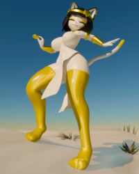 absurd_res anthro big_breasts black_hair bracelet breasts closed_eyes clothing coin desert digital_media_(artwork) domestic_cat ear_piercing egyptian felid feline felis female flowzel_(modeler) fur furry genitals gold_(metal) gold_coin gold_jewelry golden_clothing hair hi_res jewelry legwear low-angle_view mammal nefer-kitty_(sillyniko) piercing pussy pussy_peek sand shimshimakaze smile solo solo_focus tabard tail thigh_highs vulva white_body white_fur