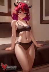 1girls 2d ai_generated ass barefeet big_ass bra breasts erophoenix feet female female_focus full_body heterochromia hololive hololive_english hololive_english_-promise- horns irys irys_(hololive) looking_at_viewer medium_breasts panties patreon_username pointy_ears red_hair short_hair solo solo_female sweat thick thick_thighs toes uncensored underwear virtual_youtuber vtuber