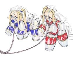 2girls all_fours bitchsuit blonde_hair bondage crawling elves eudetenis female lawanee_and_tiwanee leash leash_and_collar piddlefours pointy_ears veil