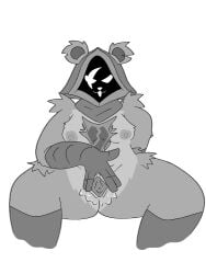 3:4 anthro anus bodily_fluids breasts clothing digital_media_(artwork) epic_games facial_scar female fortnite fur genital_fluids genitals gloves handwear hi_res hood looking_at_viewer mammal monochrome nipples nude puffy_nipples raven_team_leader scar shadow_face smile smiling_at_viewer solo spread_vulva spreading susfortressa thick_thighs vaginal_fluids vulva
