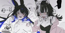 ... 2girls :d animal_ear_fluff animal_ears aroused artist_self-insert bags_under_eyes bed_sheet bite_mark bite_mark_on_breast bite_mark_on_neck black_camisole black_hair black_nails blood blood_on_face blue_hair blush breasts breasts_apart camisole cleavage clothed_sex colored_inner_hair commentary_request condom condom_wrapper dirty dirty_face fingernails flipped_hair hair_ornament heart heavy_breathing highres hololive hololive_english hood hood_down hooded_jacket imagining implied_futanari jacket kemonomimi_mode large_breasts licking licking_finger limited_palette long_hair long_sleeves lying mole mole_under_eye multicolored_hair multiple_girls nail_polish nerissa_ravencroft nipples no_bra nose_blush oerba_yun_fang on_back on_bed open_clothes open_jacket open_mouth open_shirt pink_jacket purple_eyes rabbit_ears rabbit_girl scratches sharp_fingernails shiori_novella shirt smile sound_effects speech_bubble split-color_hair spoken_ellipsis streaked_hair sweatdrop thought_bubble tongue tongue_out trembling tsurime twitching twitching_nipples under_covers virtual_youtuber white_hair white_shirt wolf_ears wolf_girl yellow_eyes yomosaka yuri