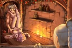 1boy 2girls ambiguous_penetration astarion baldur's_gate baldur's_gate_3 barefoot dungeons_and_dragons elf elf_ears forgotten_realms half-elf kissing kissing_leg kittenintheden leg_on_shoulder legs_on_shoulders missionary_position sex shadowheart smile straight table table_sex tav_(baldur's_gate) voyeur voyeurism