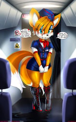 1boy 1femboy airplane anthro anthrofied ass bimbo biting_lip black_nose blue_eyes blue_eyeshadow blush boots bulge canine clothing crossdressing dialog embarrassed english_text erection erection_under_clothes erection_under_skirt eyelashes eyeshadow femboy feminine_male flight_attendant footwear fox front_view furry furry_ears furry_tail girly gloves hat heart high_heel_boots high_heels indoors large_ass lipstick looking_at_viewer makeup male male_only mammal mile_high_club miles_prower multi_tail multiple_tails orange_fur orange_hair penis penis_under_clothes penis_under_skirt pointy_ears prostitution sega shadman short_hair skirt skirt_lift skirt_pull solo sonic_(series) speech_bubble standing stewardess_uniform tail tails tenting text thecon thick_thighs trap uniform vehicle white_fur