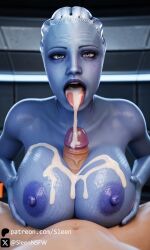 1boy 1boy1girl 1girls 3d ai_generated big_breasts breasts cum cum_in_mouth cum_on_breasts female liara_t'soni looking_at_viewer male mass_effect mature_female naked naked_female paizuri pov pov_eye_contact sleen straight tagme titjob