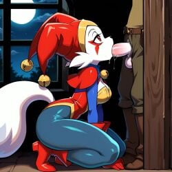1boy ai_generated animated anthro chrono_(series) chrono_cross fellatio female female fox_girl furry furryfication harem_pants harle jester jester_hat leotard looking_up mp4 on_knees oral penis red_eyes saliva tagme tail video video_game_character