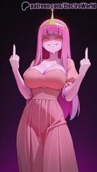 1girls 2025 adventure_time ai_generated artist_name bangs blunt_bangs breasts breasts breasts bust cartoon_network chest cleavage dress electroworld english_text female finger_gun hi_res high_quality high_resolution highres index_finger_raised long_hair middle_finger patreon patreon_username pointing pointing_at_viewer pointing_up princess_bubblegum solo stable_diffusion teeth thumbs_up tiara watermark