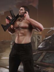 1boy 1male beard black_hair black_pants chris_redfield daddy dilf erect_nipples gay hairy_chest hell4ide male male_focus male_only muscles muscular muscular_male nipples pants pants_only pecs pectorals resident_evil resident_evil_8:_village shirtless shirtless_male solo solo_focus solo_male weapon