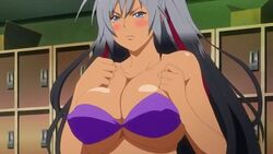 angry animated blue_eyes blush blushing bounce bouncing_breasts bra breasts cleavage coercion dark_skin embarrassed_female female forced huge_breasts kansen kansen_(series) large_breasts long_hair natsu_hyuuga purple_bra red_ribbon screencap taking_clothes_off tan_body tan_skin undressing