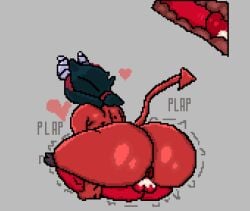 1boy 1girls anus bigger_female black_hair brawl_stars colette_(brawl_stars) cum cum_inside demon female gus_(brawl_stars) horn impie_colette_(brawl_stars) impregnation male mating_press pixel_art pumpkinz6 pussy red_body smaller_male tail vaginal_penetration x-ray
