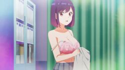 1girls 2025 anime anime_style arms bangs big_breasts big_eyes blue_skirt books bookshelf bra breasts changing_clothes classroom clothing collarbone crimson_eyes curtain curtains digital_media ear eyebrows eyebrows_visible_through_hair eyelashes eyes_open eyes_wide_open female fringe fringe_hair girl girl_only hand high_resolution highres holding_clothing indoors ishihara_yukari large_breasts looking_at_viewer medium_breasts medium_hair medium_hair_female mole mole_on_face mole_under_eye mouth_open navel no_sex no_shirt open_mouth partially_clothed partially_nude purple_hair purple_hair_female red_eyes school school_skirt schoolgirl screencap shiny_hair skirt solo solo_female standing staple_entertainment surprised surprised_expression surprised_face surprised_look teenage_girl teenager thin thin_arms thin_female tongue upper_body upper_body_focus upper_body_only upper_body_visible watari-kun_no_xx_ga_houkai_sunzen white_clothes white_clothing white_shirt