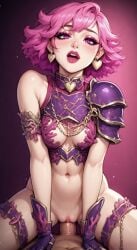 ai_generated armored_female coral covered_nipples cowgirl_position female oc oc_(pink) open_mouth pink_hair short_hair