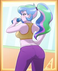 1milf 2017 2d 2d_(artwork) 2d_artwork acesrulez13 alternate_hairstyle alternate_version_available arched_back back_view bottle clothed clothed_female clothed_version deviantart deviantart_link dimples_of_venus drinking drinking_from_bottle equestria_girls female fit_female gym_clothes gym_clothing gym_uniform hair hairband hand_on_hip holding_bottle holding_object human humanized_pony light-skinned_female midriff milf multicolored_hair my_little_pony no_ai pale-skinned_female panties_visible_through_clothing pants pink_eyes ponytail principal principal_celestia purple_bottomwear purple_clothing purple_pants solo solo_female sports_bra sportswear standing thicc water_bottle western_cartoon yellow_sports_bra yellow_topwear