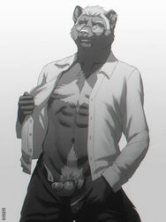 1boy anthro body_hair chest_hair clothed clothes eyewear facial_hair fur furry glasses greyscale half-dressed kannos looking_at_viewer male male_only monochrome nipples onyx_(character) onyx_wasson onyxtanuki open_clothes open_pants open_shirt pants penis piercing pinup shirt solo undressing