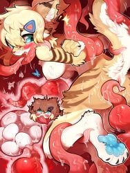 3:4 ambient_arthropod ambient_butterfly ambient_insect anthro anus ass blonde_hair blue_eyes breasts domestic_cat egg egg_insertion felid feline felis female forced fur group hair hi_res kemono mammal nipples oviposition questionable_consent rape red_tentacles restrained restrained_by_tentacles sex tan_body tan_fur tentacle tentacle_rape tentacle_sex tianhua