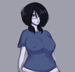 1girls big_breasts big_nipples big_nose black_hair breasts emo emotionless eyeliner face_piercings female freckles glasses green_eyes grey_background lipstick loose_clothes messy_hair nipples_visible_through_clothing no_bra oversized_clothes pale_skin pudgy standing twintails