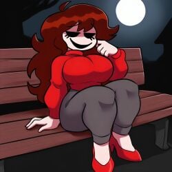 5_fingers ai_generated auburn_hair big_breasts black_eyes demon demon_girl doppleganger faker_gf_(friday_night_funkin) female friday_night_funkin grey_pants heels long_hair messy_hair moon moonlight night no_pupils no_teeth open_mouth outdoors pixai red_heels red_sweater red_turtleneck sitting_on_bench solo thick_thighs turtleneck