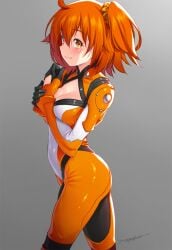 1girls 2d bodysuit chaldea_combat_uniform chaldea_uniform clothing color fate/grand_order fate_(series) female female_focus female_only fujimaru_ritsuka_(female) gudako kazuma_muramasa looking_at_viewer orange_bodysuit orange_eyes orange_hair orange_hair_female skin_tight skintight skintight_clothing smiling smiling_at_viewer