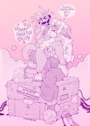 ahoge anthro biped box cable cammypuppy clothed clothed_anthro clothing cloud container duo ear_piercing ear_ring emanata english_text female futanari hair handjob haplorhine heart_symbol hi_res intersex mammal monkey nude penile penis piercing pink_background primate ring_piercing sex shut_up simple_background text yelling