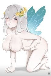 big_breasts blue_eyes cum_drip elf_ears fairy flower_crown flower_in_hair nipples oc original_character slime_girl slime_hair white_background white_hair white_skin