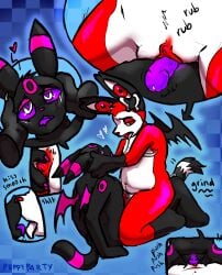 andromorph anthro bodily_fluids clitoral_fingering clitoris cosmic_(puppyparty) drooling duo eeveelution fan_character generation_2_pokemon generation_6_pokemon genitals grinding heart_eyes heart_symbol hi_res humping intersex intersex/male kissing male male/male nintendo pokemon pokemon_(species) puppyparty saliva sylveon synth_(puppyparty) trans_(lore) trans_man_(lore) umbreon