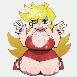 1girl ai_generated angel_girl big_breasts blonde_hair blue_eyes busty clothed cum cum_in_hair cum_on_breasts cum_on_face cum_on_thighs curvy double_peace_sign eyelashes female kneeling long_hair messy_hair panty_&_stocking_with_garterbelt panty_anarchy pixai purple_eyeshadow purple_fingernails red_dress red_heels simple_background solo thick_thighs tongue_out white_background