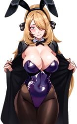 1girls alternate_costume animal_ear_hairband animal_ears black_bow black_bowtie blonde_hair bow bowtie breasts brown_pantyhose cleavage coat curvy cynthia_(pokemon) fake_animal_ears female grey_eyes hair_over_one_eye hairband highres large_breasts leotard long_hair nintendo open_clothes open_coat pantyhose playboy_bunny pokemon pokemon_dppt purple_leotard rabbit_ear_hairband rabbit_ears simple_background solo trench_coat very_long_hair volyz white_background