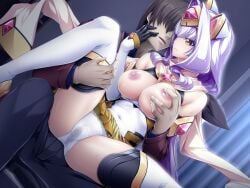 1boy azarin_(kouyoku_senki_exs-tia) black_gloves black_pants boots breasts breasts_out brown_hair cameltoe censored closed_mouth clothes_lift covered_navel detached_sleeves dutch_angle elbow_gloves exs-tia_magica faceless faceless_male female game_cg gem gloves grabbing_another's_breast grabbing_from_behind groping hair_intakes hair_over_eyes indoors inoino kouyoku_senki_exs-tia large_breasts large_variant_set leg_lift leotard long_hair long_sleeves looking_at_another miniskirt mosaic_censoring nipples non-web_source official_art pants parted_lips purple_hair scarf shihou_souma shiny_skin shirt short_hair sitting sitting_on_lap sitting_on_person skirt skirt_lift spread_legs straight thigh_boots thighhighs variant_set very_long_hair white_leotard white_scarf white_sleeves white_thighhighs yellow_eyes yellow_skirt yellow_trim