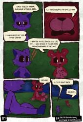 2025 absurd_res anthro bear bobby_bearhug catnap_(poppy_playtime) critters_(poppy_playtime) domestic_cat duo felid feline felis female feral fur hi_res male male/female mammal mob_entertainment no_humans notsafeforwanking poppy_playtime purple_body purple_fur smiling_critters tail text