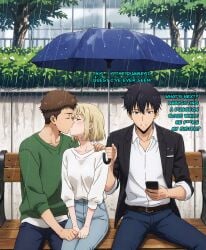 1girls 2boys ai_generated annoyed_expression black_blazer black_hair blonde_hair blue_umbrella brown_hair cha_hae_in closed_eyes conversation cucked_by_friend dialogue echoanomaly female fully_clothed gray_eyes green_sweater holding_umbrella kissing male non_sexual park park_bench passionate_kiss phone raining sitting_on_bench solo_leveling sung_jin_woo umbrella white_shirt yoo_jinho