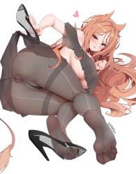 animal_ears archetto_(arknights) arknights artist_name ass black_pantyhose black_shoes blue_eyes blush breasts brown_hair chinese_commentary commentary_request feet female fingernails heart heterochromia high_heels highres large_breasts long_hair looking_at_viewer pantyhose red_eyes shoes simple_background single_shoe soles solo toes variant_set white_background xnnagu