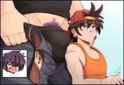2026 absurd_res accidental accidental_circumstance accidental_exposure accidentally_gay ai_assisted ai_generated bandaid bandaid_on_face bandaid_on_nose belt blue_eyes brown_hair bulge bulge_focus bulge_on_shoulder dominated_male domination ear_piercing elmyr giant giant_bulge giant_male gulp gulping hat height height_comparison height_difference laughing micro microphilia miniboy miniguy muscular muscular_male muscular_shoulders nervous nervous_sweat novelai photopea_program pubes pubic_hair purple_hair reaction_bubble reaction_image shoto_(vtuber) shrunken shrunken_male shxtou size_difference size_fetish sun_kenji sunkenji sunkenjivt sweat sweatdrop tiny_male underwear underwear_bulge undressing unzipped unzipped_pants v-cut v_line vtuber white_background