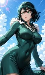 ai_generated bangs belt black_belt black_hair black_pants breasts coat collarbone collared_shirt cowboy_shot female fubuki_(one-punch_man) fur_trim green_eyes green_hair green_nails hand_on_hip high-waist_pants high_resolution highres jewelry large_breasts lips lipstick long_sleeves looking_at_viewer makeup nail_polish necklace one-punch_man pants pearl_necklace rcos red_lips s shirt short_hair smile solo