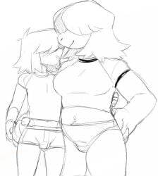 1boy 1girls blush bulge bulge_through_clothing couple deltarune duo duo_focus hair_between_eyes hair_covering_eyes kris_(deltarune) size_difference sketch smile susie_(deltarune) underwear unknown_artist