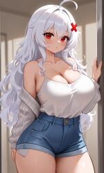 1girls ahoge ai_generated big_breasts breasts busty_female curvy_figure erispheria female female_focus hourglass_figure huge_breasts legs_together light-skinned_female looking_at_viewer pose red_eyes shirt twitch twitter undressing virtual_youtuber vtuber white_hair wide_hips youtube youtube_hispanic