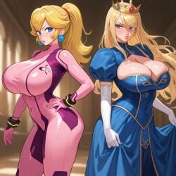 2girls ai_generated blonde_hair bodysuit breasts cleavage crossover crown dress earrings female glaring glaring_at_another huge_breasts kosine1777 long_hair mario_(series) metroid nintendo outfit_swap pink_bodysuit png ponytail princess_peach princess_peach_(cosplay) samus_aran samus_aran_(cosplay) super_mario_bros. zero_suit zero_suit_samus_(cosplay)