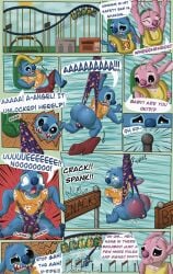 absurd_res alien amusement_ride angel_(lilo_and_stitch) anthro ass balls big_butt blue_body blue_fur bodily_fluids bottomwear bottomwear_down butt_slap clothed clothed_anthro clothed_female clothed_male clothing cock_and_ball_torture comic dialogue disney duo english_text experiment_(lilo_and_stitch) female fully_clothed fully_clothed_anthro fully_clothed_female fully_clothed_male fur genital_torture genitals hanging_wedgie hi_res humiliation humiliation_fetish laugh lilo_and_stitch male pain pants pants_down pants_falling_down partially_clothed pink_body pink_fur pole public public_humiliation roller_coaster short slap spank_marks spanking speech_bubble stitch_(lilo_and_stitch) tears text vorkken16 wedgie wedgie_boy wedgie_fetish