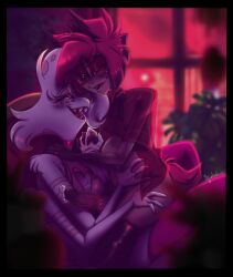 alastor_(hazbin_hotel) angel_dust_(hazbin_hotel) blush cock cum demon detailed_background dick erection femboy gay hazbin_hotel male male/male male_only mpreg penis sharp_teeth sqwdink twink veiny_penis yaoi
